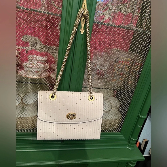COACH Parker White/Cream Handbag with Quilting & Gold Rivets Shoulder Crossbody - Picture 2 of 16